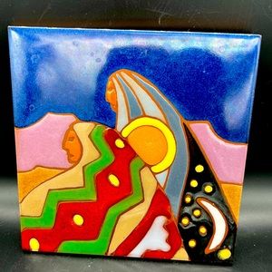 Vintage Sun Tile Art Pottery Sun Moon Figures 6in Trivet Mountainair New Mexico